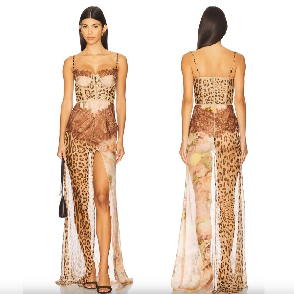 NEW The Dolls House Dolce Maxi Dress in Leopard Silk Sheer Sexy Cheetah Large L